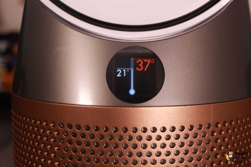 Auf dem Display des Dyson Purifier Hot+Cool Formaldehyde HP09 ist die Soll- und Ist-Temperatureinstellung angezeigt.